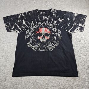Y2K Survivors AOP Skull Spade‎ Flames Adult XL Black T-Shirt Biker Edgy Grunge